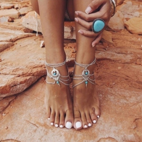 Silvertone Anklet w/faux Turquoise stones - Picture 2 of 5